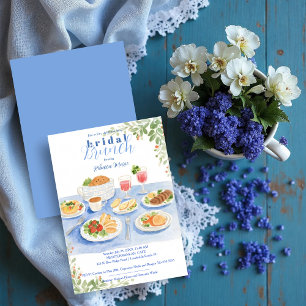Cute Blue Bridal Brunch Table Vintage Illustration Invitation