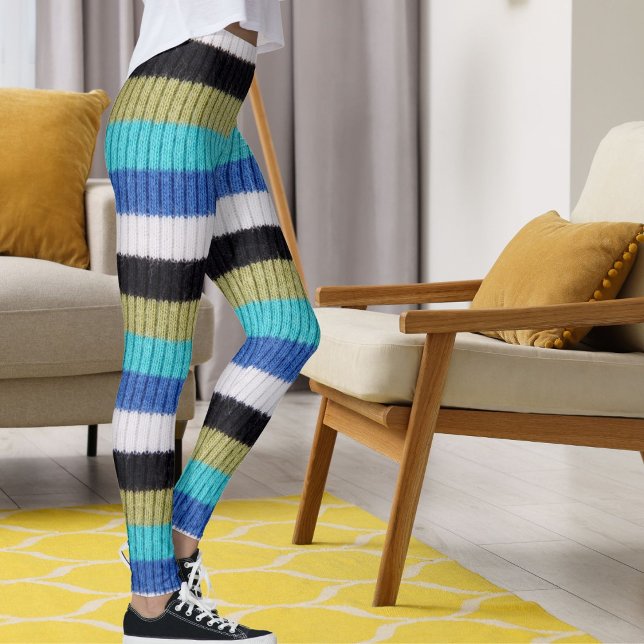 Cute Blue Brown Black White Stripe Kintted Pattern Leggings (Creator Uploaded)