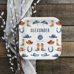Cute Blue Brown Horse Cowboy Hat Boots Watercolor Paper Plate
