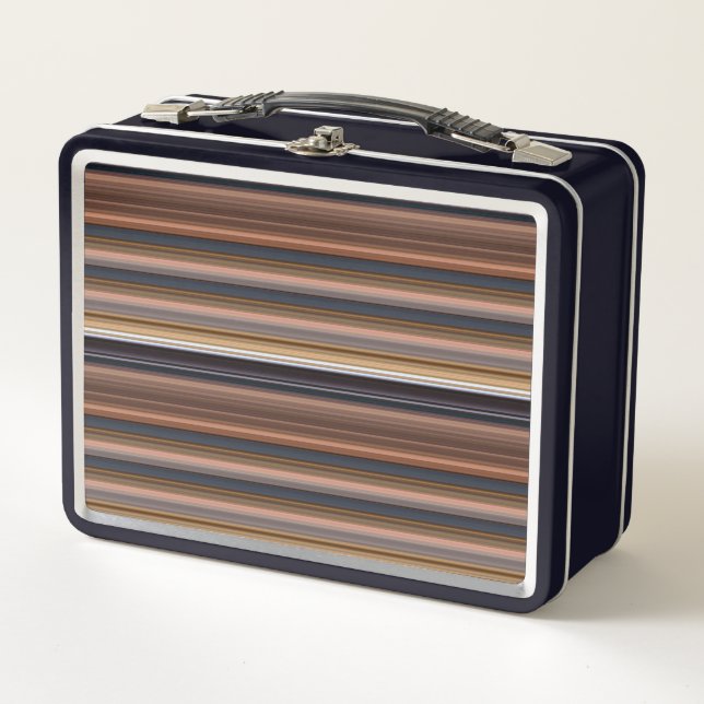 Cute blue brown stripes metal lunch box (Front)