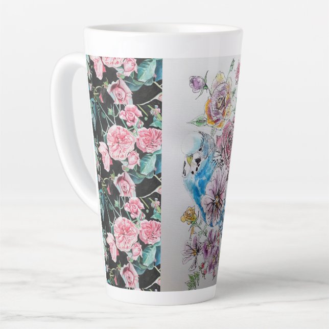 Cute Blue Budgie and Roses Watercolor Latte Mug (Left Angle)