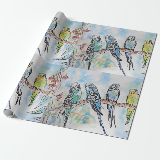 Cute Blue Budgie birds art Watercolor Wrapping Paper (Unrolled)
