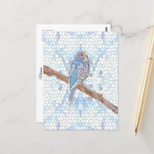 Cute blue budgie on mosaic background   postcard