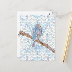 Cute blue budgie on mosaic background   postcard
