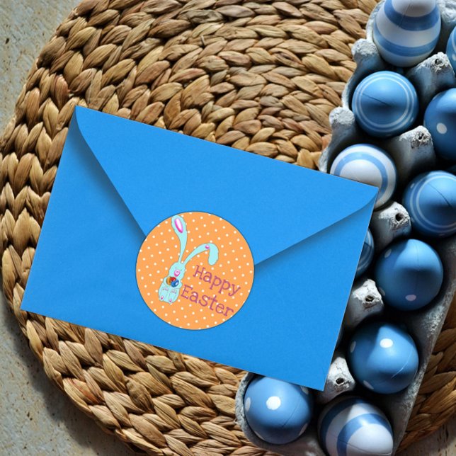 Cute Blue Bunny Happy Easter Classic Round Sticker (Creator Uploaded)