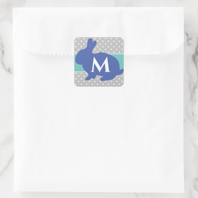 Cute Blue Bunny on Grey Polka Dots Monogram Square Sticker (Bag)