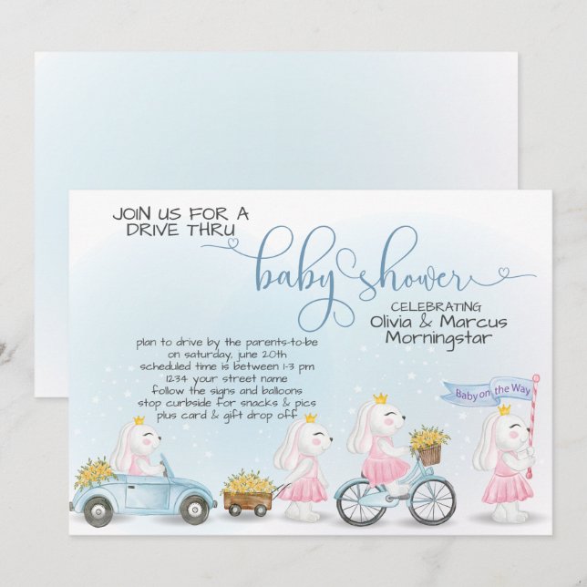 Cute Blue Bunny Parade Drive Thru Baby SHower Invitation (Front/Back)