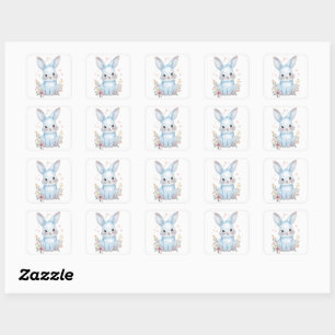 Cute Blue Bunny Party Theme Pastel Floral Square Sticker