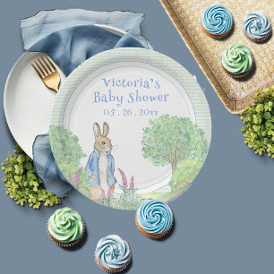 Cute Blue Bunny Rabbit Gingham Baby Shower  Paper Plate