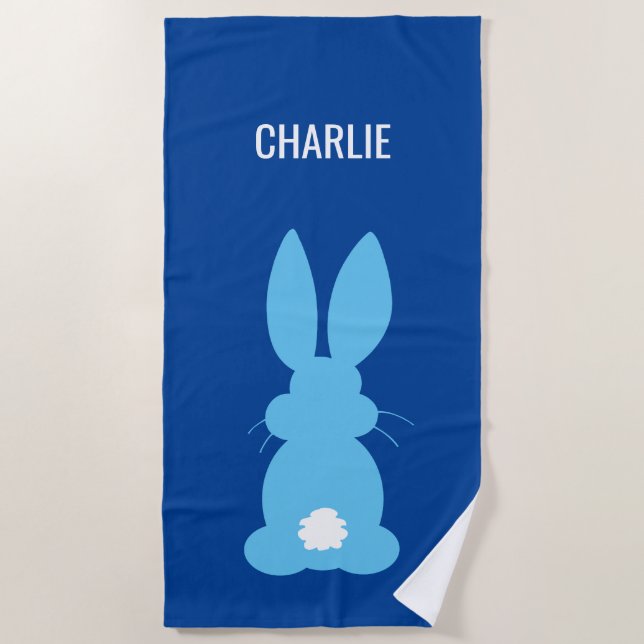 Cute Blue Bunny Silhouette Boys Personalized Beach Towel (Front)