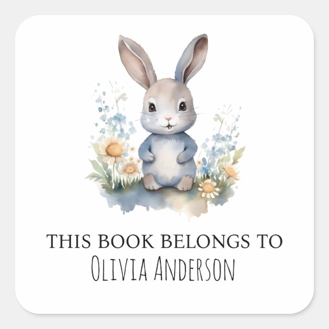 Cute Blue Bunny with Flowers This Book Belongs Square Sticker (Front)