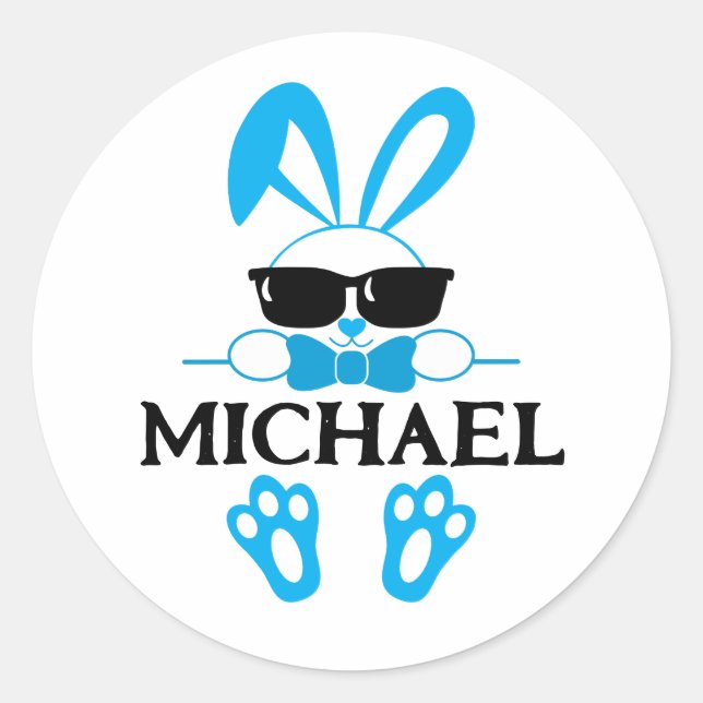 Cute Blue Bunny With Sunglasses Baby Boy Name Classic Round Sticker (Front)