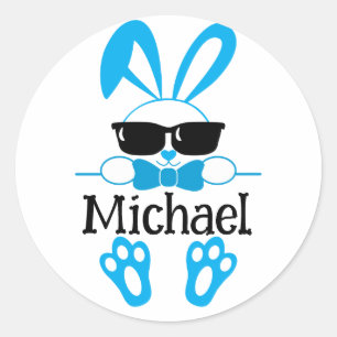 Cute Blue Bunny With Sunglasses Personalized Name Classic Round Sticker