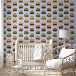 Cute Blue Burger Kids Name Repeat Pattern Wallpaper