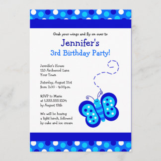 Cute Blue Butterfly w/ Polka Dots Birthday Invite