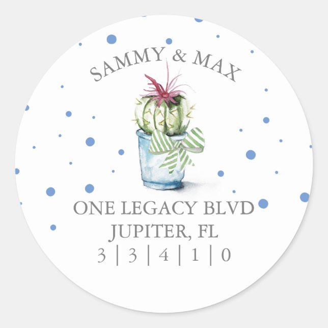 Cute Blue Cactus Return Address Envelope Seal (Front)