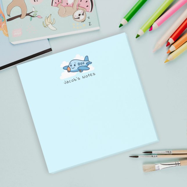 Cute Blue Cartoon Airplane in Sky Kids Custom Text Post-it Notes (Creator Uploaded)