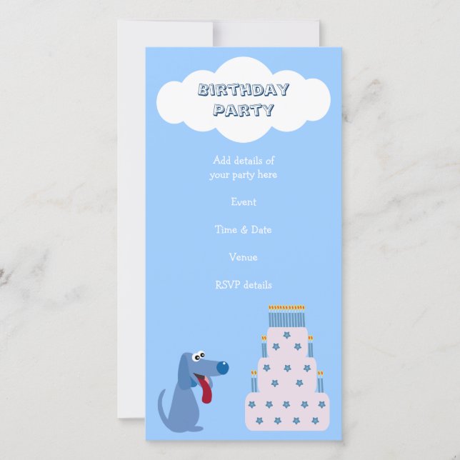 Cute Blue Cartoon Dog & Birthday Cake Invitations (Front)
