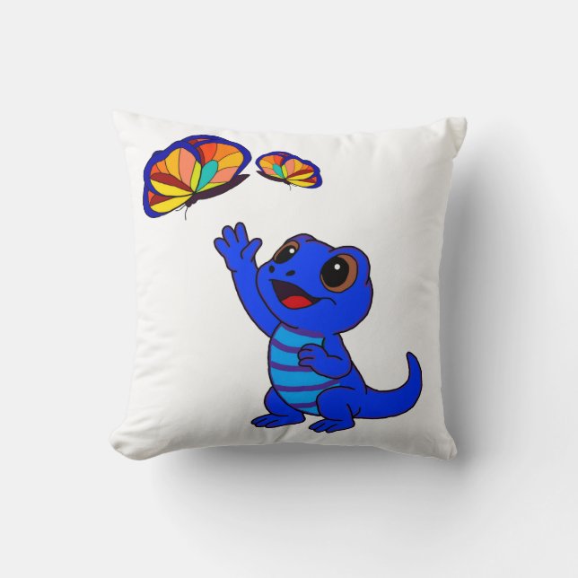 Cute Blue Cartoon Lizard Reaching for Butterflies Throw Pillow (Front)