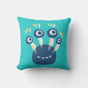 Cute Blue Cartoon Monster With Four Eyes Kids Throw Pillow