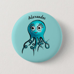 Cute Blue Cartoon Octopus - Smiling Sea Creature 2 Inch Round Button