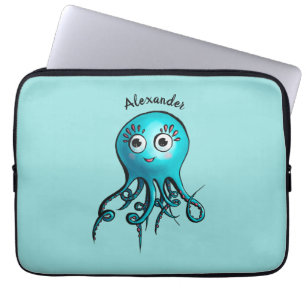 Cute Blue Cartoon Octopus - Smiling Sea Creature Laptop Sleeve