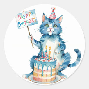Cute Blue Cat Birthday Cake - Birthday Classic Round Sticker