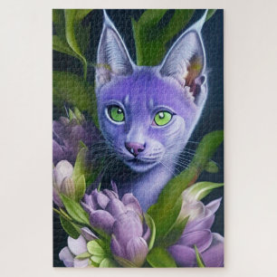 Cute blue cat in purple flowers jigsaw puzzle
