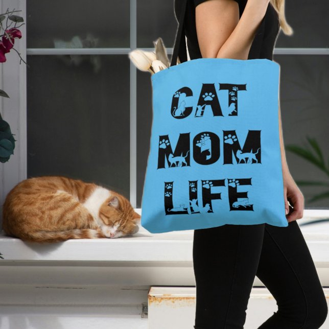 Cute Blue Cat Mom Life Modern Chic Mother's Day Tote Bag (Creator Uploaded)