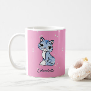 Cute blue cat on pink custom name coffee mug