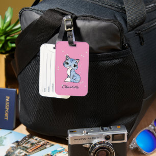 Cute blue cat on pink custom name luggage tag