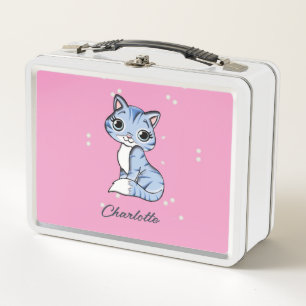 Cute blue cat on pink custom name metal lunch box