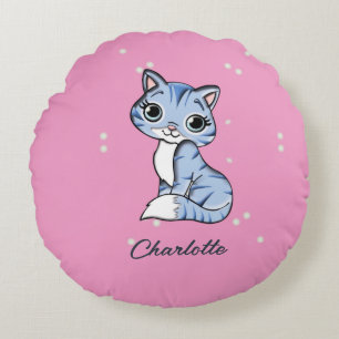 Cute blue cat on pink custom name round pillow