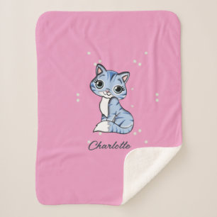 Cute blue cat on pink custom name sherpa blanket