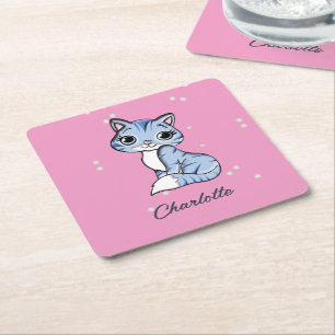 Cute blue cat on pink custom name square paper coaster