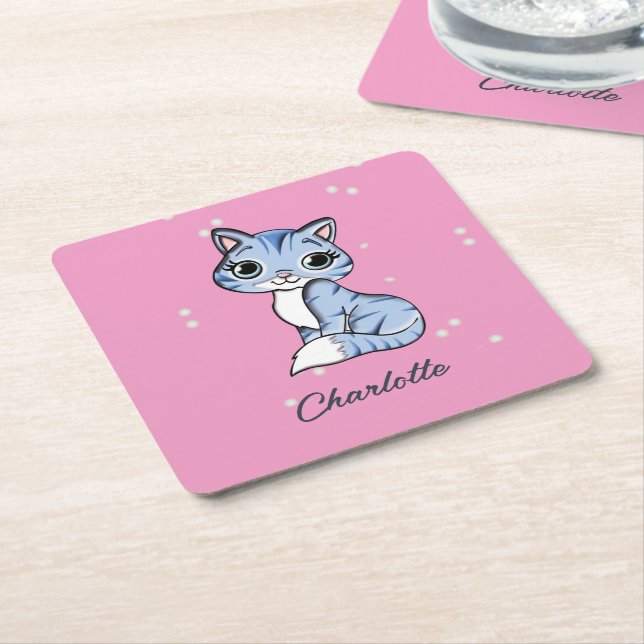 Cute blue cat on pink custom name square paper coaster (Angled)