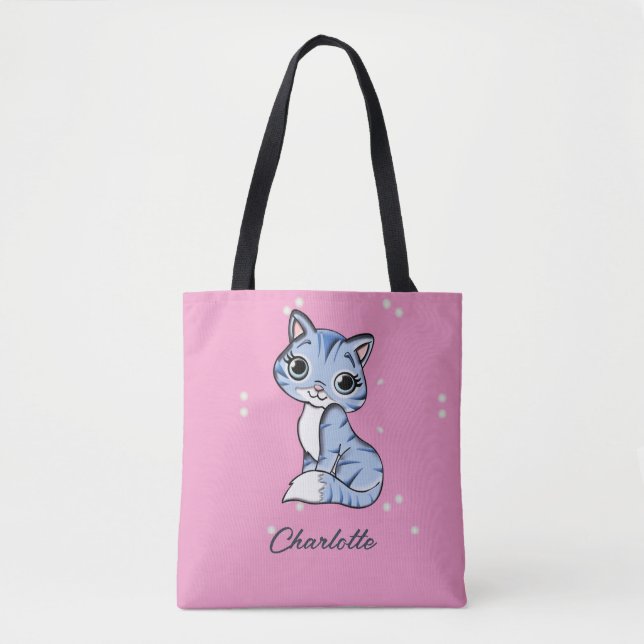 Cute blue cat on pink custom name tote bag (Front)