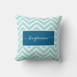 Cute Blue Chevron Zig Zag Pattern Name Throw Pillow