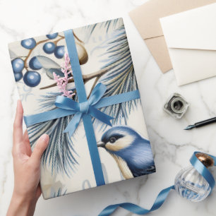 Cute Blue Christmas Bird, Berries, Floral Wrapping Paper