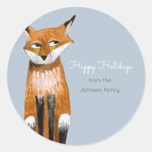 Cute blue Christmas Holiday Animal fox Classic Round Sticker