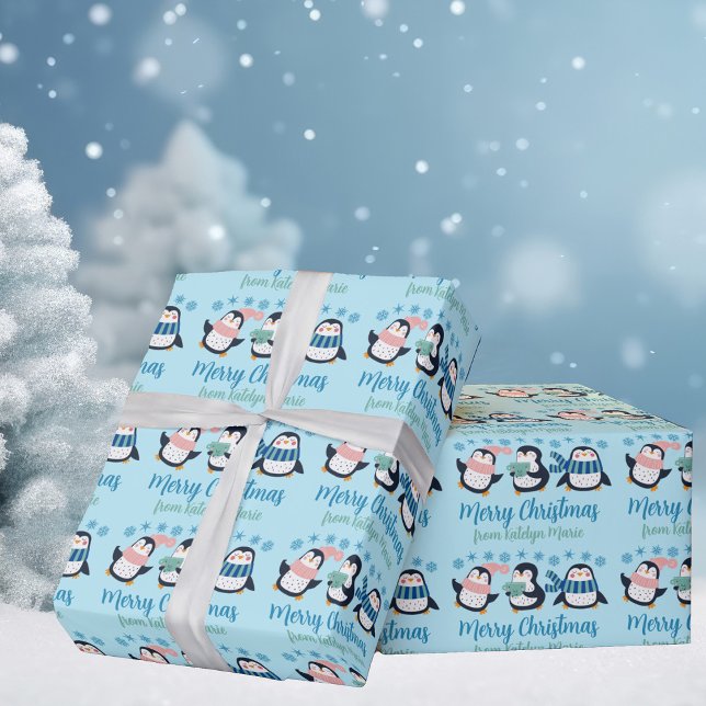 Cute Blue Christmas Penguin Snowflake Personalized Wrapping Paper (Creator Uploaded)