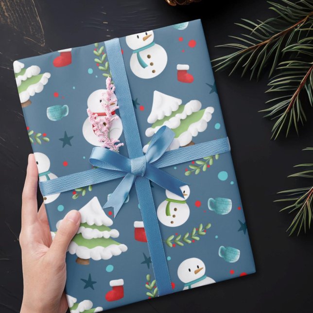 Cute Blue Christmas Snowman Pattern  Wrapping Paper (Creator Uploaded)