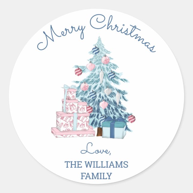 Cute Blue Christmas Tree Merry Christmas  Classic Round Sticker (Front)