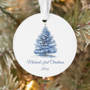 Cute Blue Christmas Tree Personalized Baby’s First Ornament