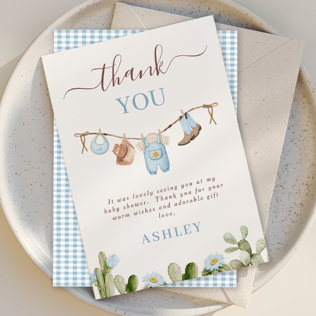 Cute Blue Clothesline Cactus Cowboy Baby Shower Thank You Card (Cowboy Baby Shower Thank You Card Template, Cowboy Clothesline Thank You Card Blue Floral Cactus)