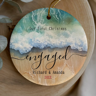 Cute Blue Coastal First Christmas Engaged Ceramic Ornament