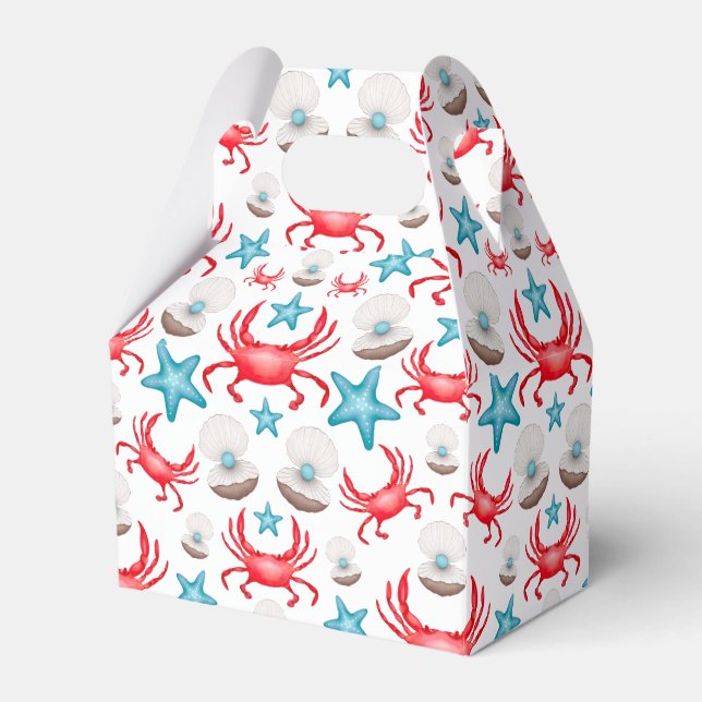 Cute Blue Coastal Seaside Crab & Shell Pattern Favor Box (Front Side)