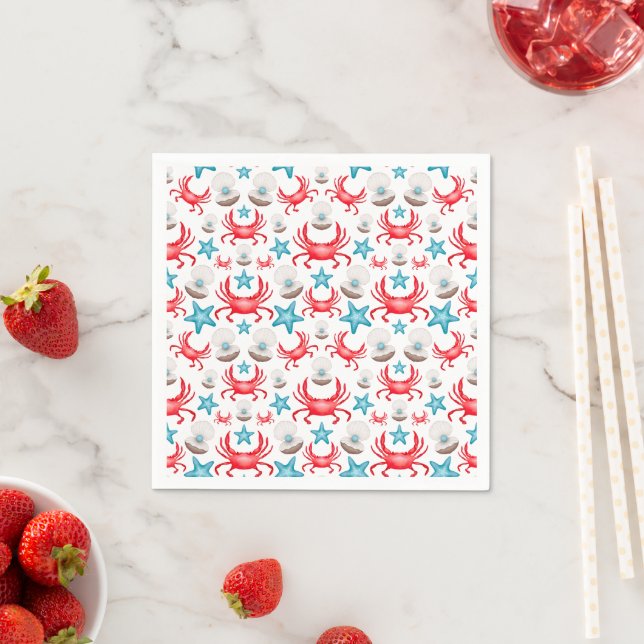 Cute Blue Coastal Seaside Crab & Shell Pattern Napkin (Insitu)