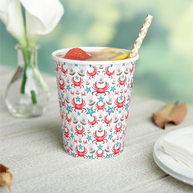 Cute Blue Coastal Seaside Crab & Shell Pattern Paper Cups (Insitu)