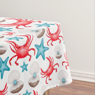 Cute Blue Coastal Seaside Crab & Shell Pattern Tablecloth